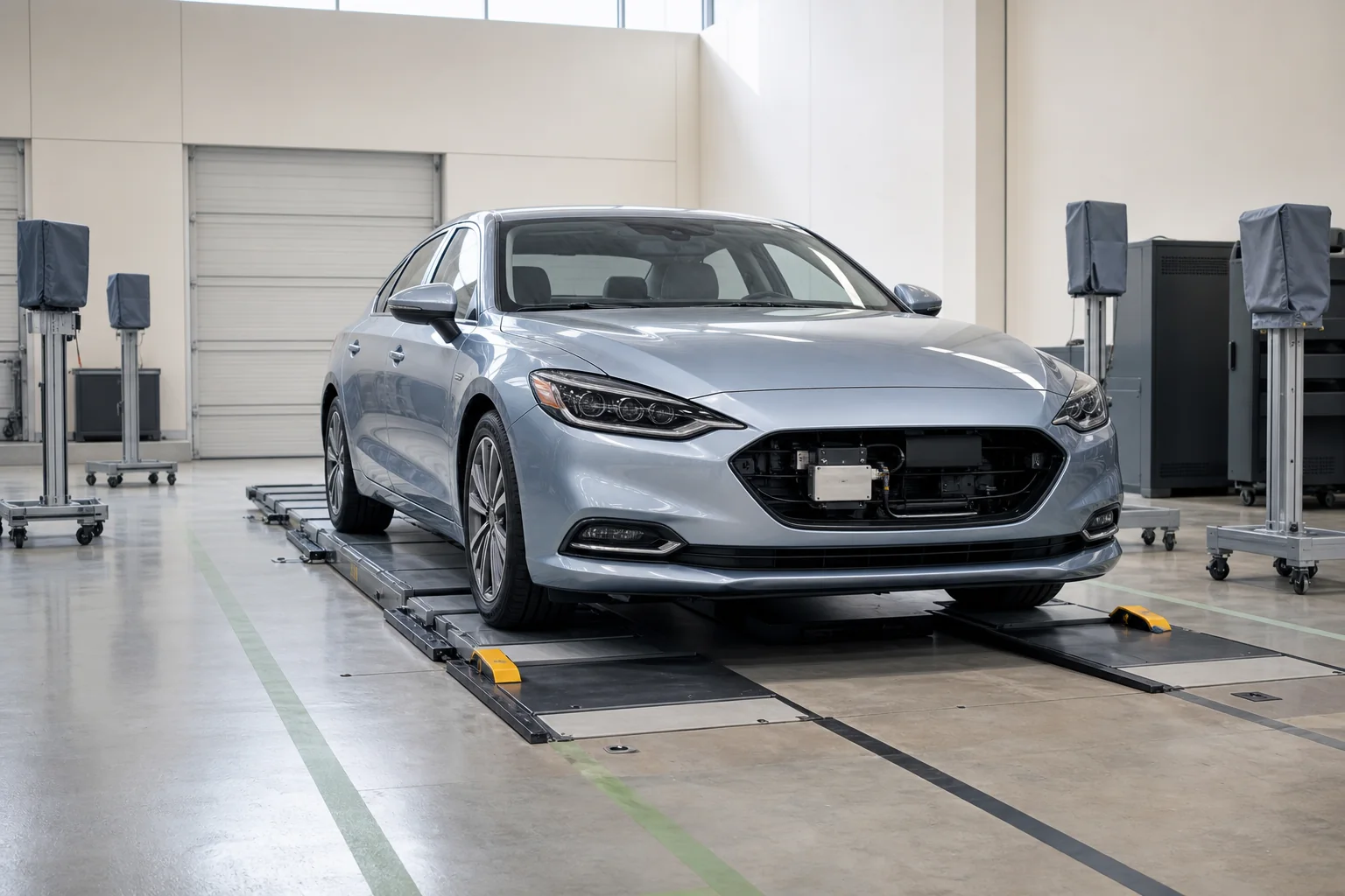 Sedan sin marca en California junto a una carpeta regulatoria y equipo de calibracion de reparacion