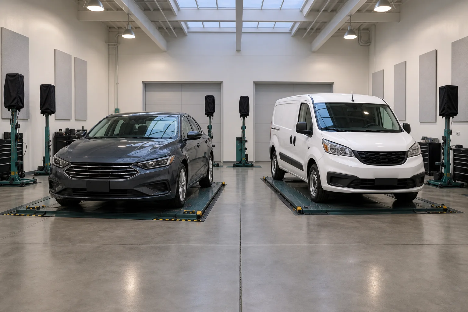 Bahía de inspección de autos en California sin marcas, con dos sedanes bajo luz neutral, representando expedientes de aseguradoras y presión de reclamaciones