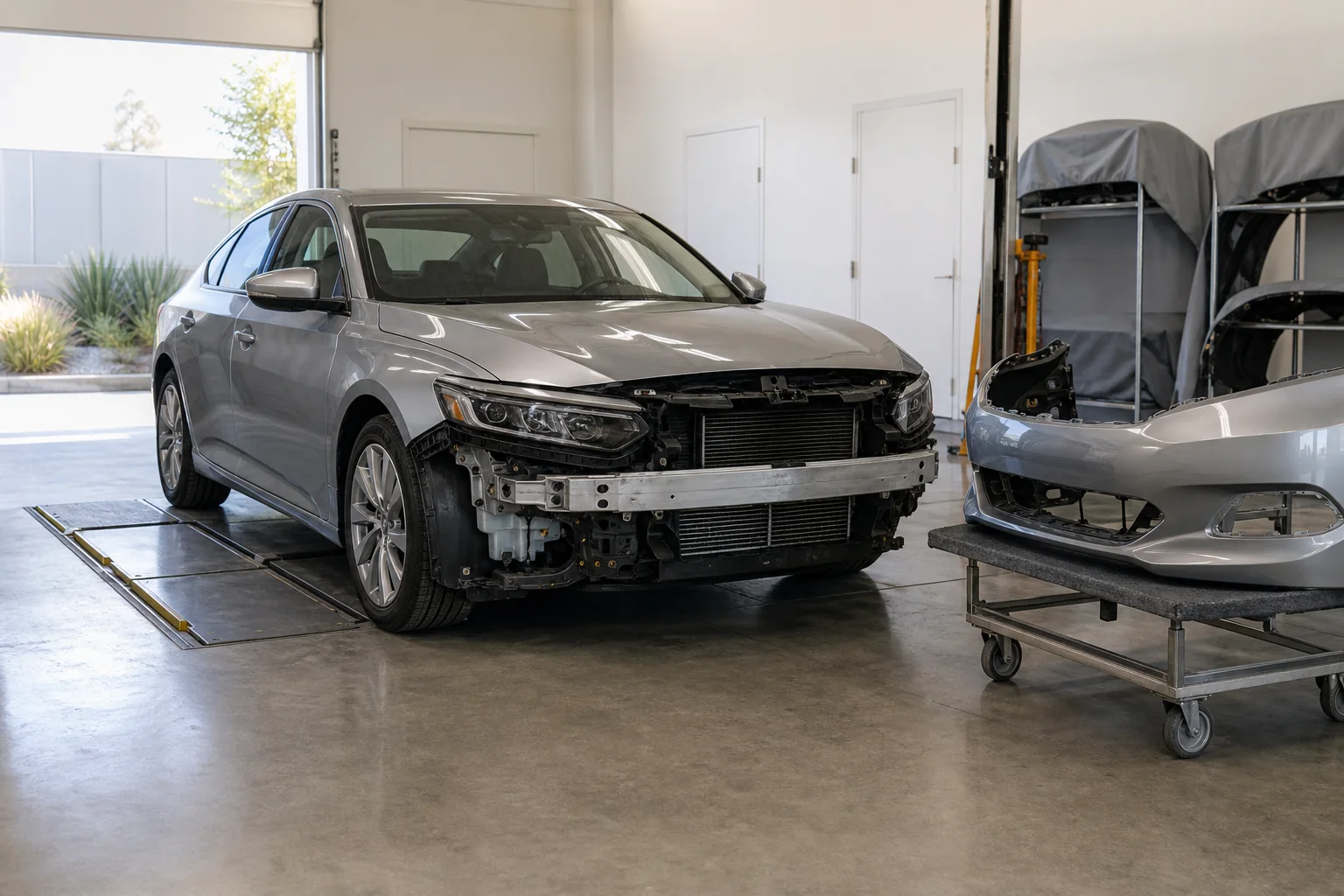 Paquete de renovación de auto en California sin marca junto a carpetas de tarifas y pantallas de estimados de reparación