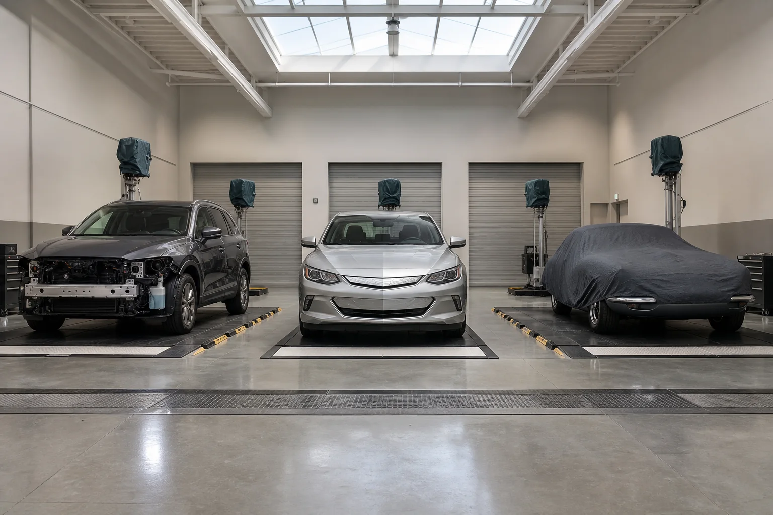 Mesa de solicitudes de tarifas de auto en California con carpetas de aseguradoras, facturas de reparacion, notas actuariales y trafico de autopista al fondo