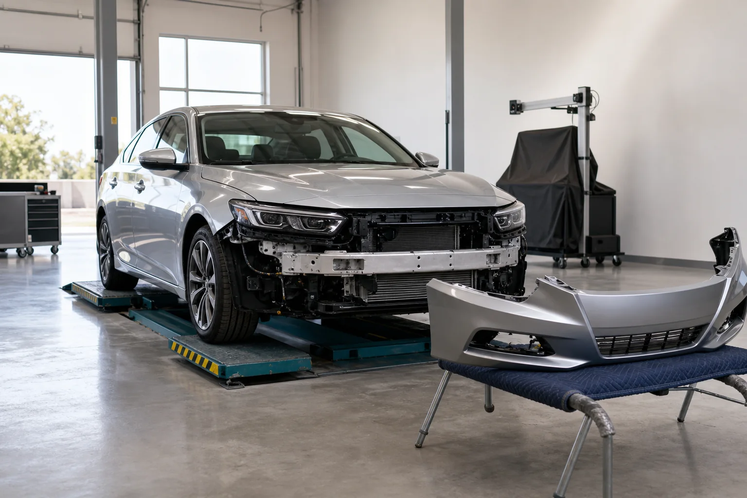 Mesa de analisis de tarifas de auto en California con carpeta de Mercury, sello de aprobacion del CDI, grafica de costos de reparacion y reflejo de autopista