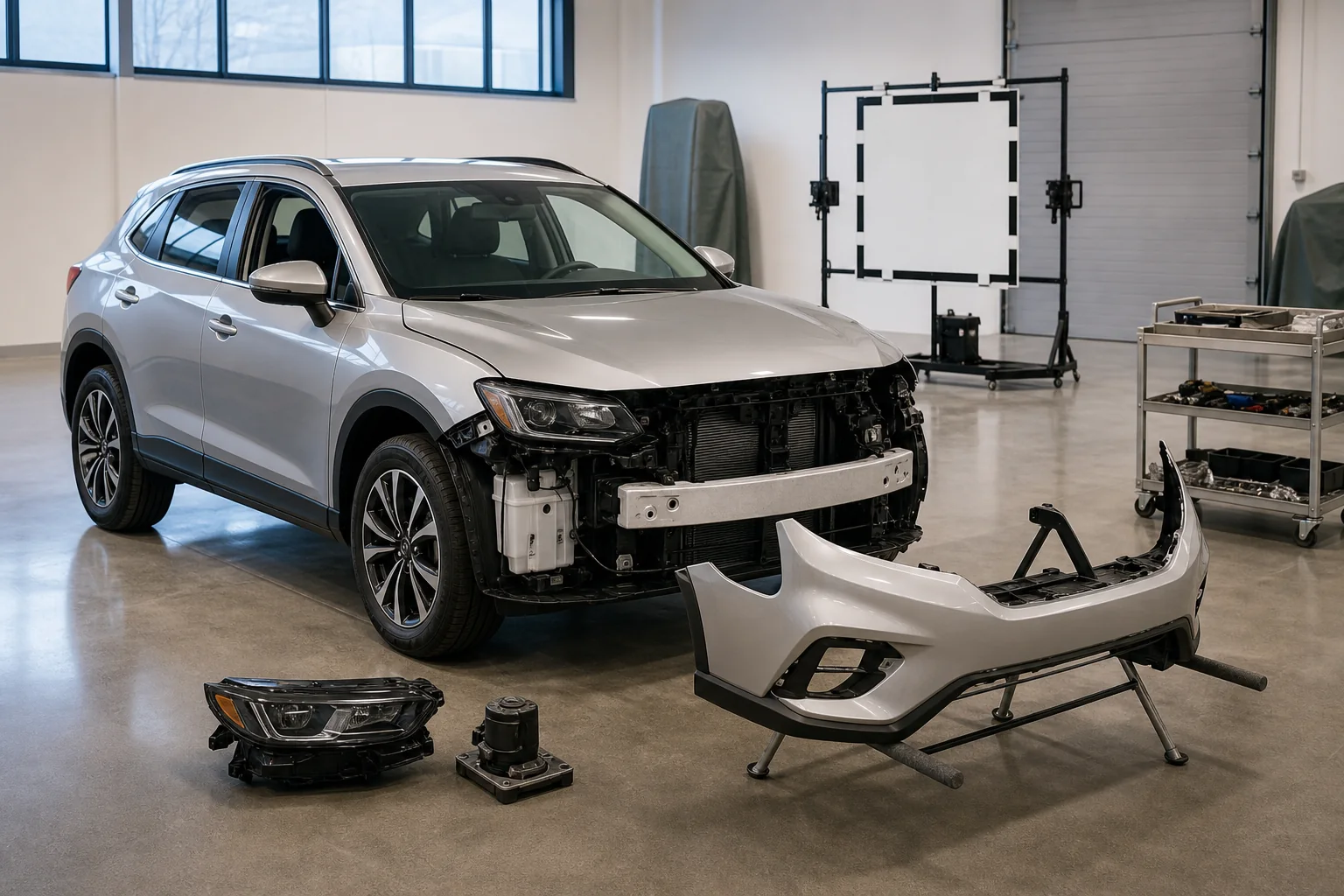 Mesa sin marca de expedientes de seguro de auto en California con facturas de reparacion, datos de autopista, notas regulatorias y un sobre de renovacion