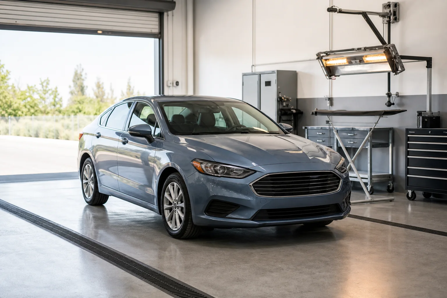 Carpetas de tarifas de seguro de auto en California, avisos de renovacion y una grafica de costos de reparacion sobre un escritorio de analista